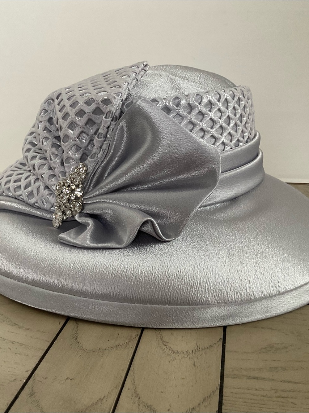 Mr. Hi’s Silver Satin Cocktail Hat with Netting and Rhinestone Cluster